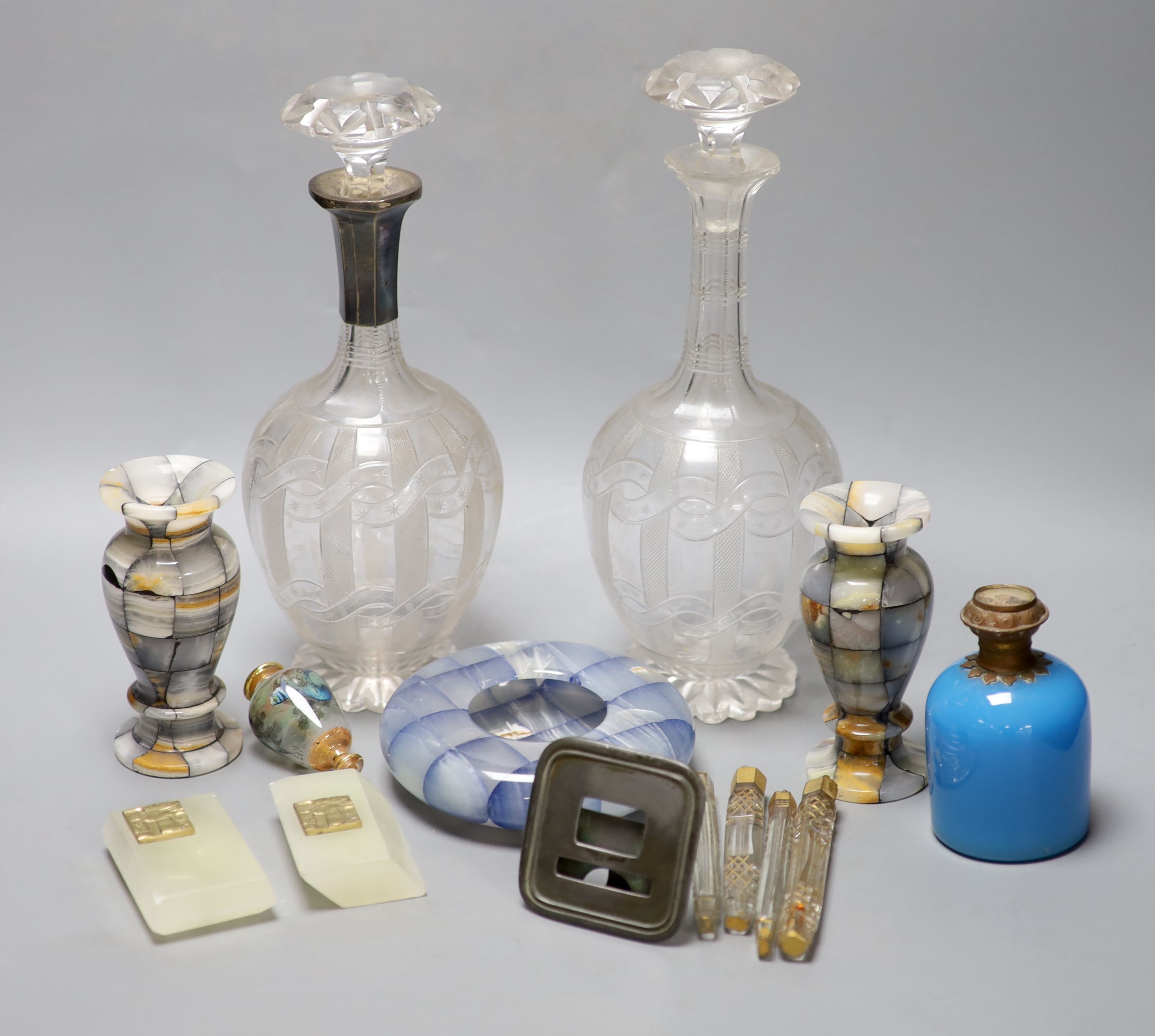 A pair of glass decanters, an opaline blue glass scent bottle, etc (14)